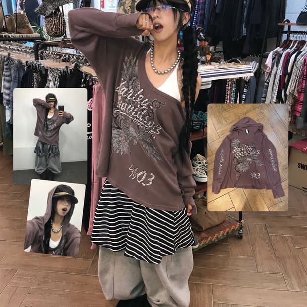 할리데이비슨 브라운 후드 원숄더 큐빅 롱슬리브 ( 대장 )