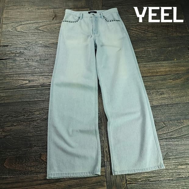 [LEEY YEEL] 아이스워싱 스터드 리벳 와이드 데님팬츠 M19814