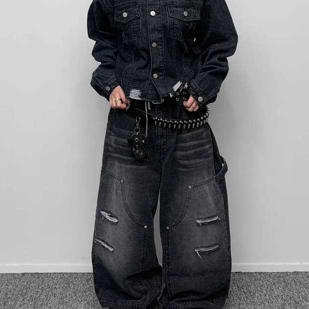 리벳 카펜터 데미지 와이드 데님팬츠