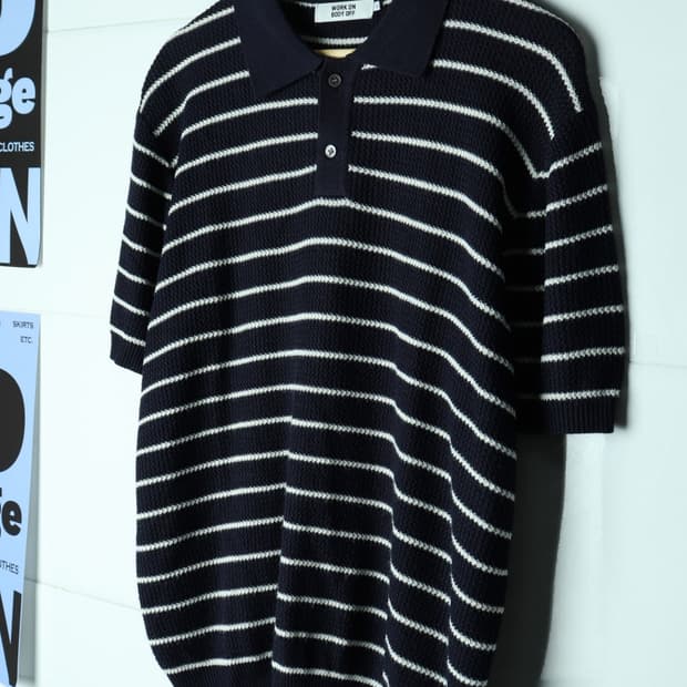 (L-XL) 워크온바디오프 반팔 카라 티셔츠 와플 스트라이프-H32919
