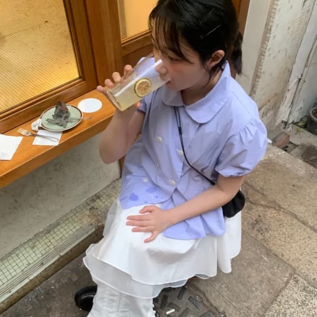 오헤시오 라운드 카라 더블 블라우스 블루