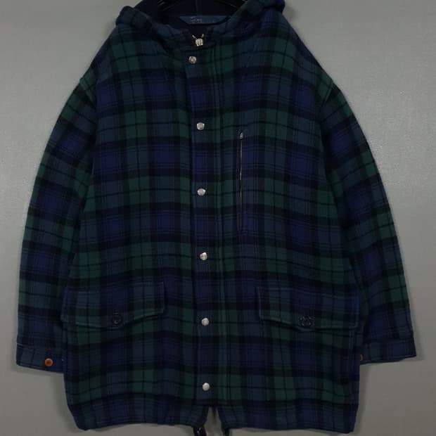 실측 XL) 폴로 랄프로렌 90s 블랙와치 타탄체크 울 코트 후드 자켓