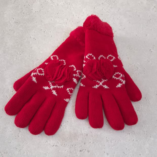 울 레드 로즈코사지 니트장갑