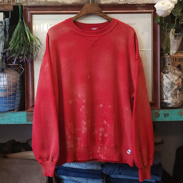 90s 러셀 후드 빈티지 스웻셔츠 썬페이딩 레드 플레인 스웻셔츠 L