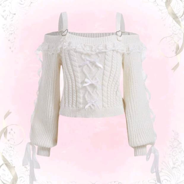 ROMWE)양산형st 리본 레이스 히메갸루 로맨틱 빈티지 오프숄더 니트