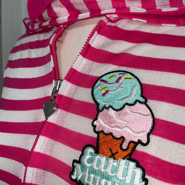 키치 팝갸루 패치 핑크 스트라이프 후드집업