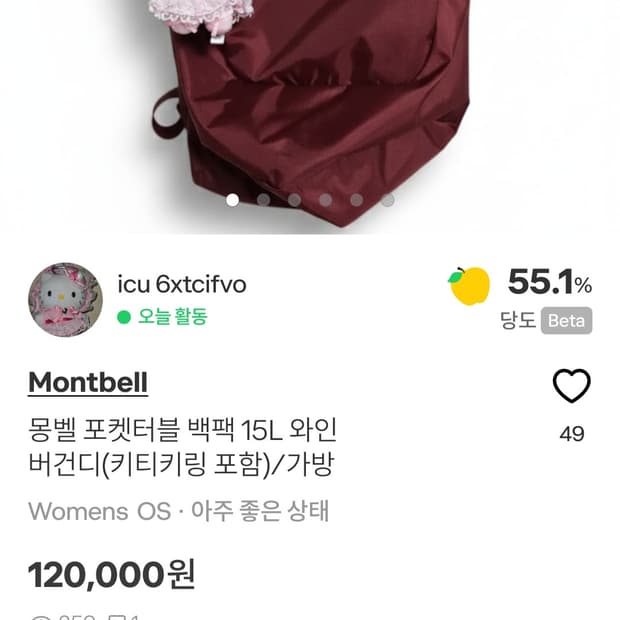 오늘만 쿨거래시 택포/몽벨 포켓터블 백팩 레드와인 버건디