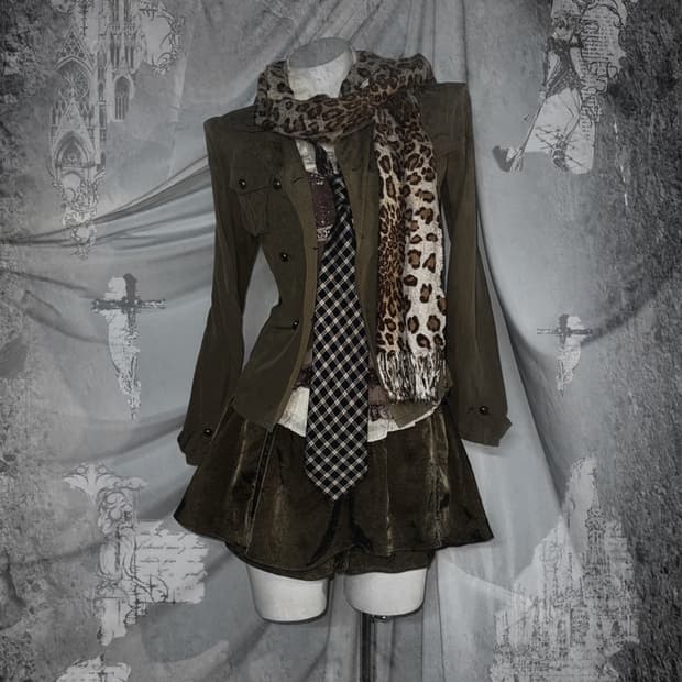 빈티지 브라운 레오파드 프레피 코디세트 