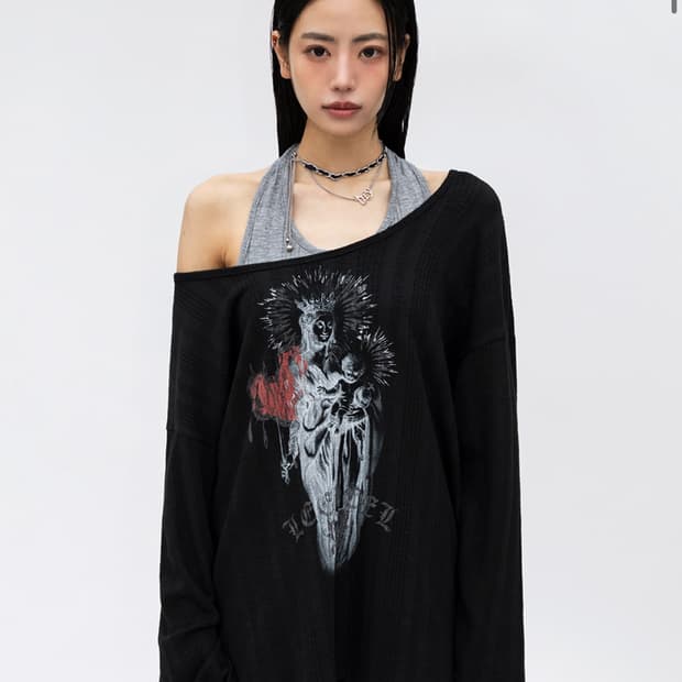 VINTAGE LAYERED OFF-SHOULDER TOP BLACK