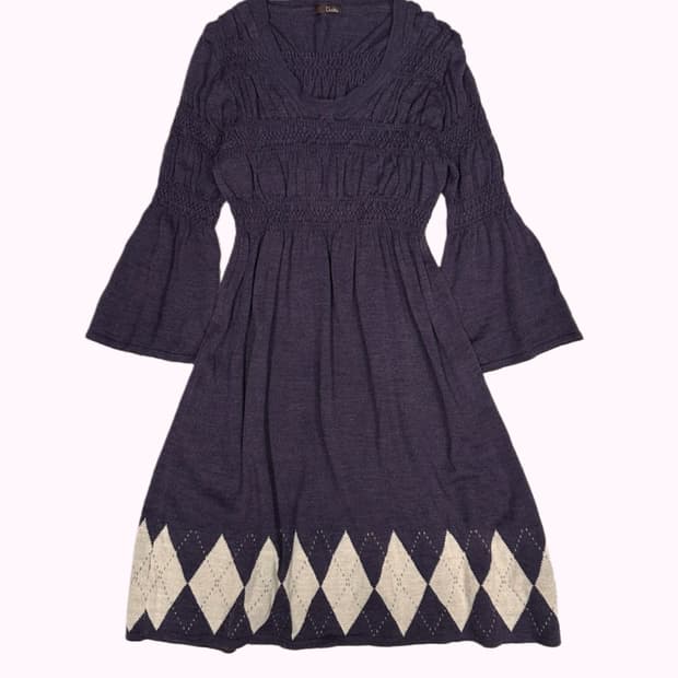 purple shirring argyle knit dress