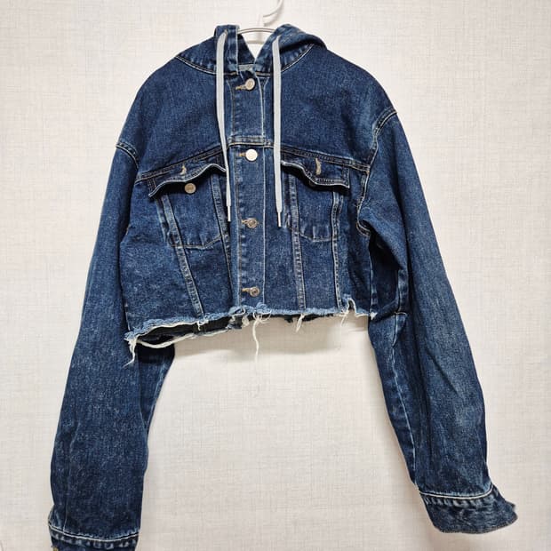 후드 데님 크롭 청자켓