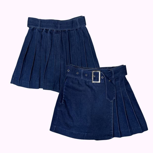 belted wrap pleats denim skirt