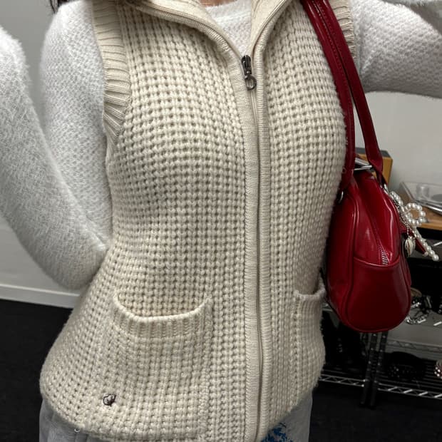 올드 빈티지 퍼 후드 니트 조끼 집업 아이보리