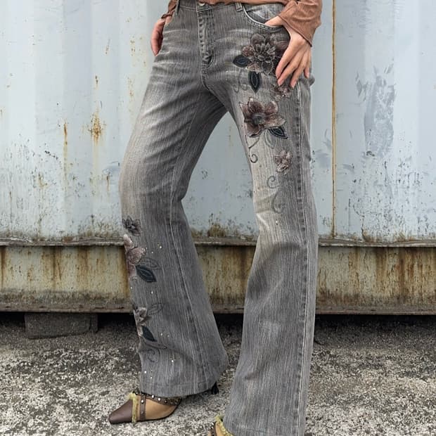 플라워 패턴 워시드 팬츠