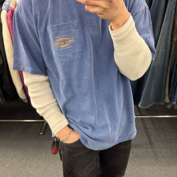 OS)할리데이비슨 빈티지 프린팅 Down Town 포켓 반팔(핀홀)