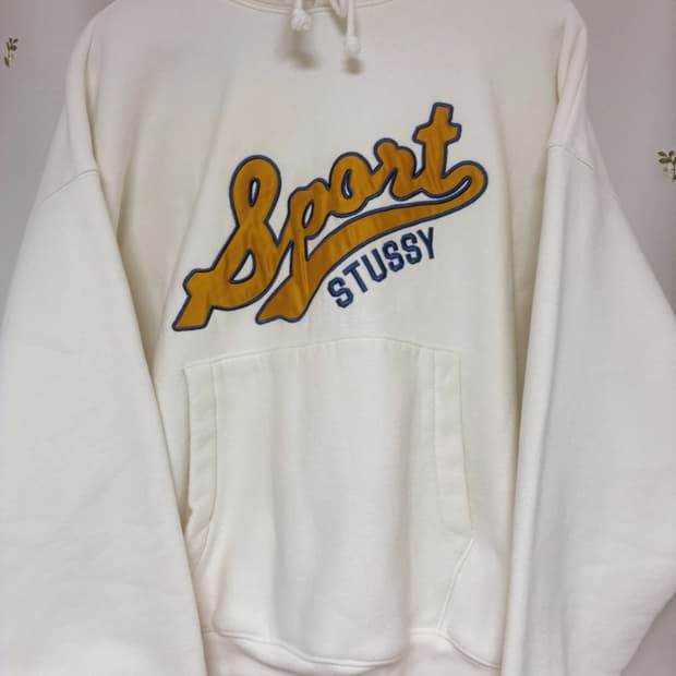 [S] 스투시 사틴 패치 오버사이즈 후드 오프 화이트