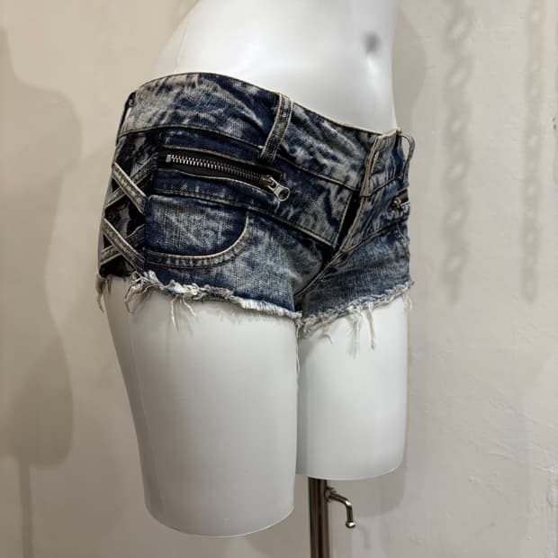 사이드 시스루 레이스 그런지 데님 숏팬츠 갸루