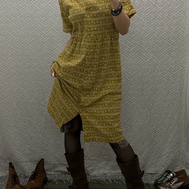 빈티지 오리엔탈 에스닉 스프링 잔꽃 패턴 반팔 롱원피스 K0122