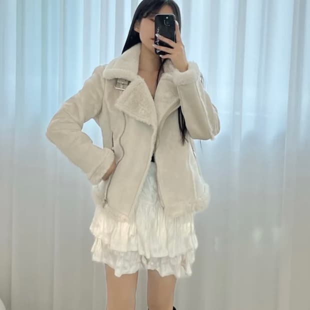 하이넥 밍크퍼 스웨이드 무스탕 연베이지