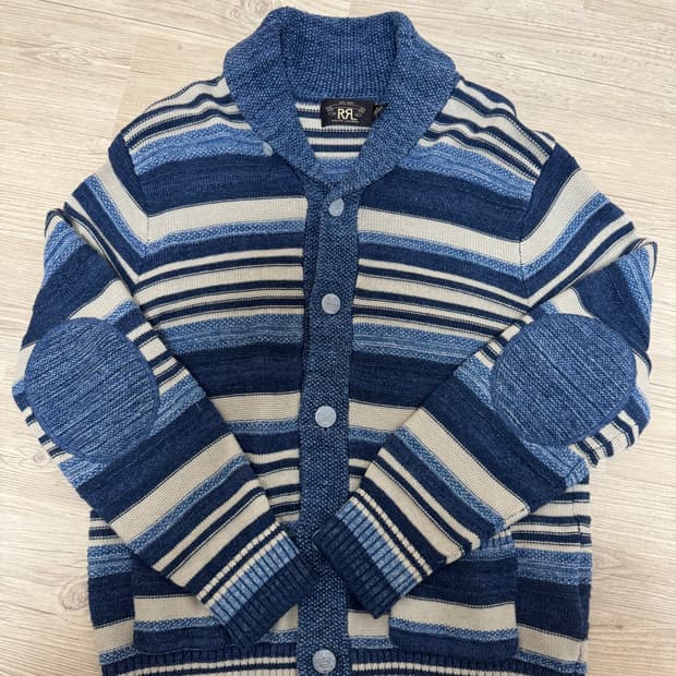 M 더블알엘 인디고 스트라이프 코튼 숄카라 가디건