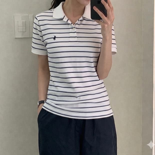 폴로 랄프로렌 스트라이프 카라 반팔티 화이트 남녀공용 S