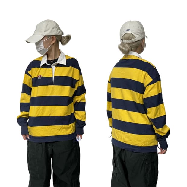 벤데이비스 옐로우 네이비 럭비티 꿀벌 카라 긴팔티 M