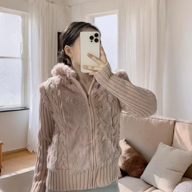 빈티지 로즈핑크 토끼털 꽈배기 니트자켓 후드집업