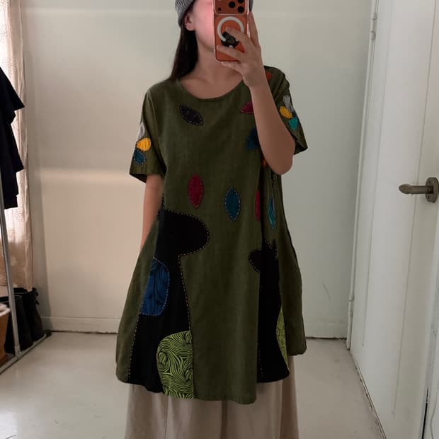 일본빈티지 모리 자수패치 블라우스 원피스