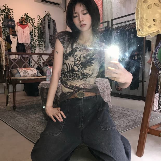 Elertric Angel 그런지 독수리 프린팅 숏 반팔 티셔츠