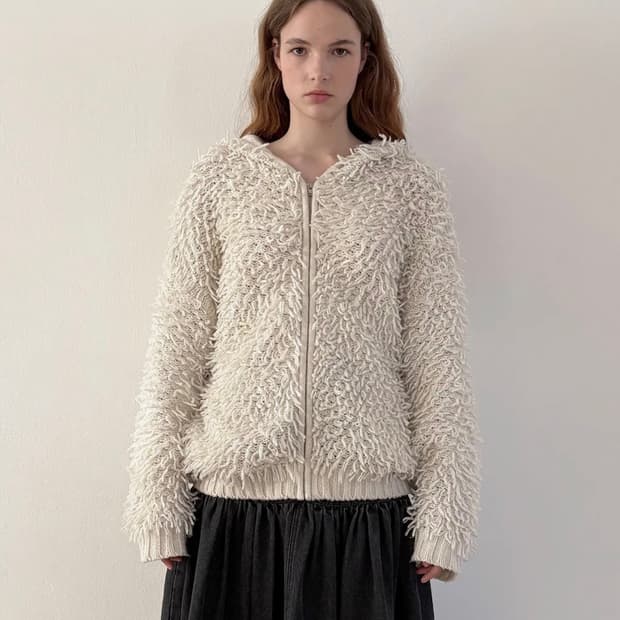 시눈 Fringe Hooded Knit Zip-up (Ivory)