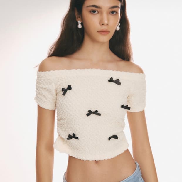 누아르나인 리본 오프숄더 티셔츠