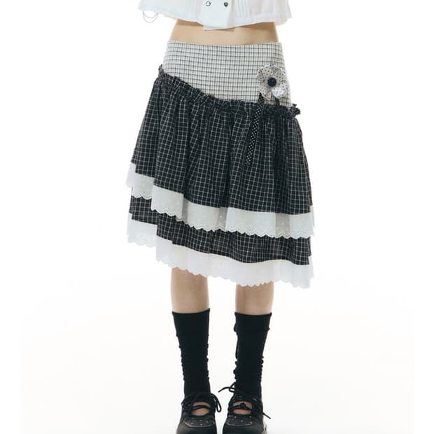 TWODAYSOFF Plaid Lace Patchwork Unbalanc