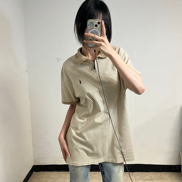Polo Beige Striped Half-Zip Collar Tee