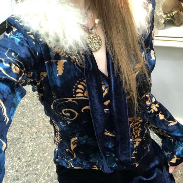 파우닝113 오리엔탈 페어리 퍼 빈티지 블루 가디건 크루빈티지 큐빈