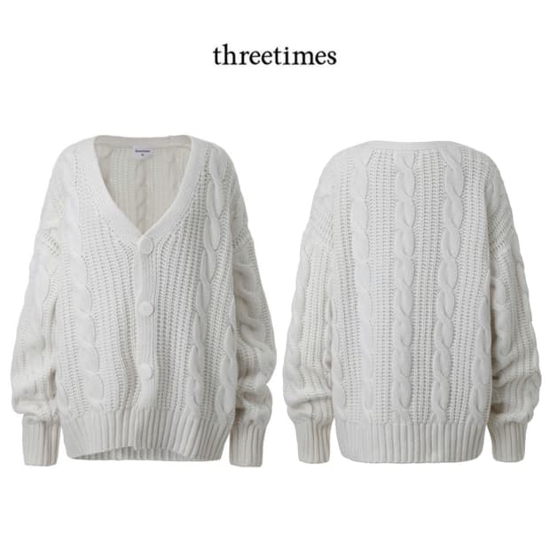 쓰리타임즈 케이블 버튼 울 니트 꽈배기 롱가디건 화이트아이보리