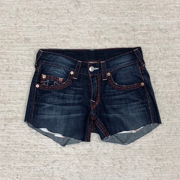 True Religion Red-Stitched Denim Shorts