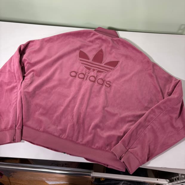 우먼L 아디다스 분홍 벨벳 빅로고 트랙탑 져지