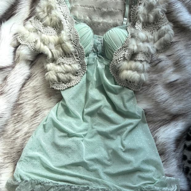 빈티지 갸루 에블린 민트 펄 슬립 원피스, 퍼 가디건 코디 set