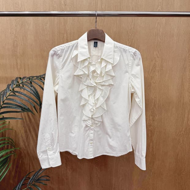 랄프로렌 코튼 셔츠 블라우스 프릴 러플 버튼 디테일 슬림핏 화이트