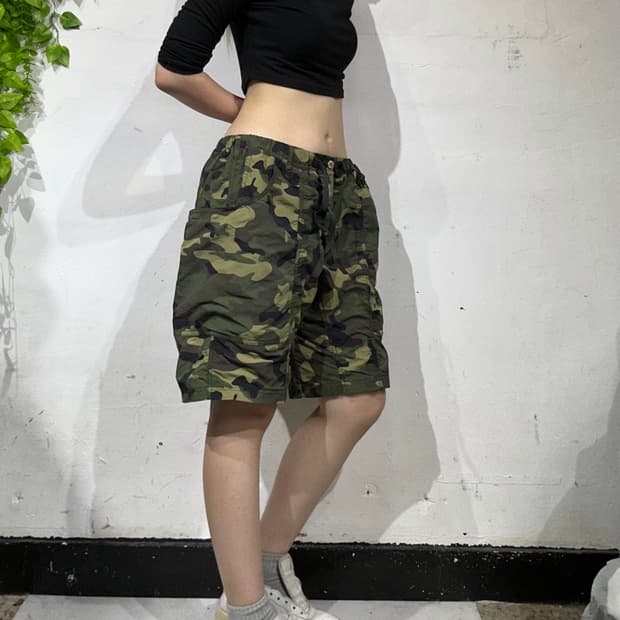 그라미치 카키 와이드 밀리터리 카모 카고 반바지 버뮤다 팬츠 S