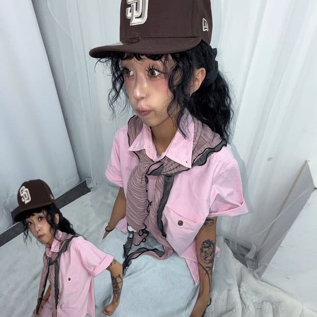 베이프 사루패치 베이비핑크 반팔 셔츠 + 머플러 증정예정
