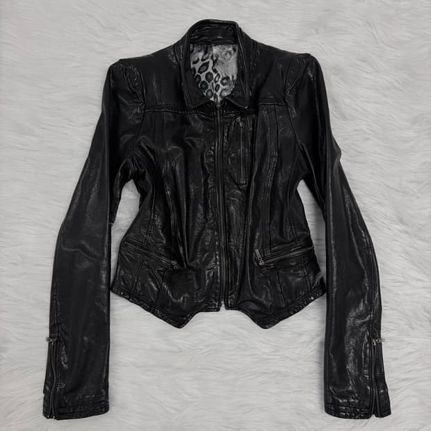 00s 슬림핏 양가죽 리얼레더 크롭 자켓 레오파드 안감 갸루펑크 락시크 