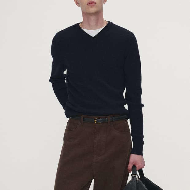 토니웩 Super fine wool ribbed v-neck navy L