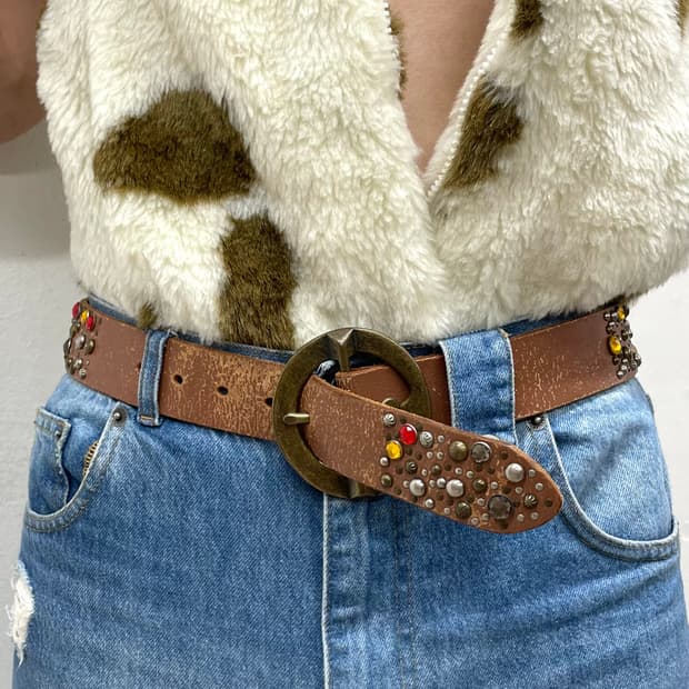 Gemstone Stud Brown Leather Belt 