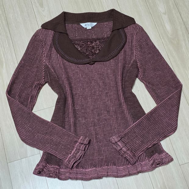arte)빈티지 고딕 프릴 버건디 레이스 로맨틱레이어드울니트 골지블라우스