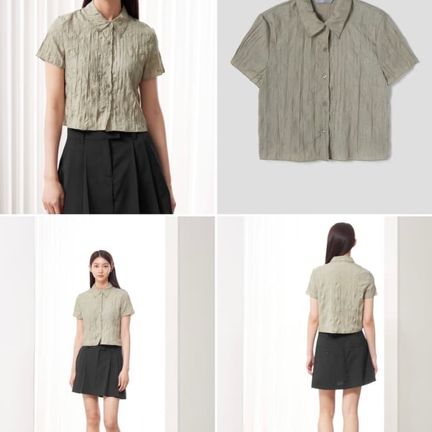 에잇세컨즈 카키 플리츠 오픈 크롭 블라우스