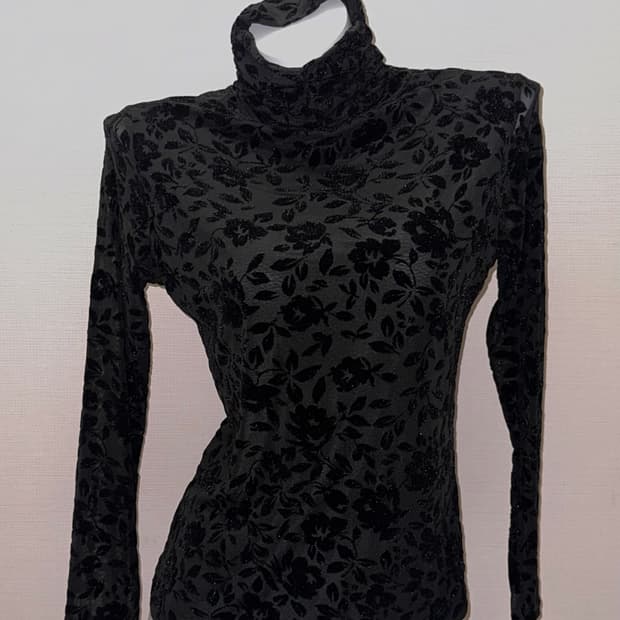 빈티지 블랙 플로럴 벨벳 번아웃 시스루 목폴라