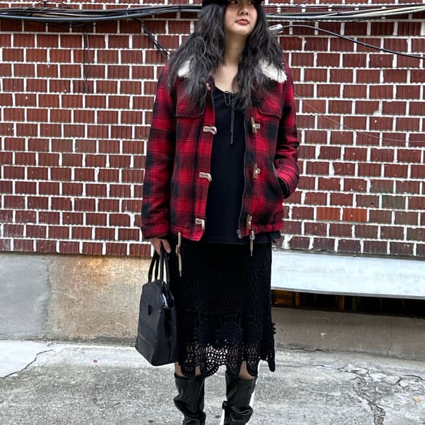 체크 떡뽁이 코트 오존 커뮤니티 롱슬리브 뜨개 미디 스커트 코디세트