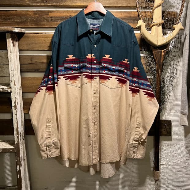 [2XL]90's 랭글러 USA 나바호 패턴 버튼다운 웨스턴 셔츠