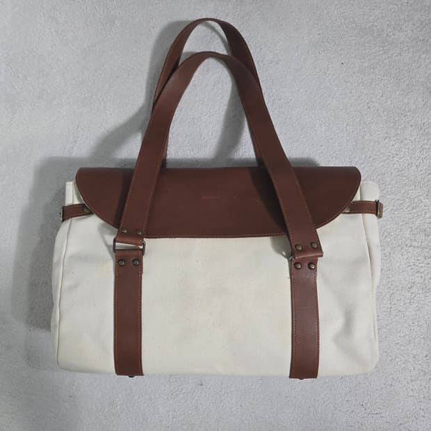 일본빈티지 화이트 캔버스 브라운 가죽 토트백